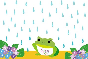 雨蛙と紫陽花の雨降りのイラスト
