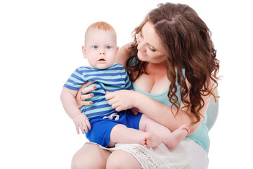 Portrait of happy fun family. Mother and baby