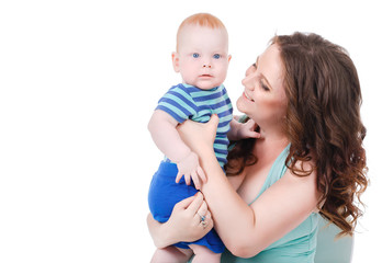 Portrait of happy fun family. Mother and baby