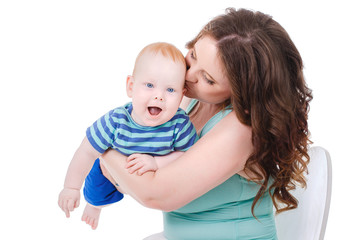 Portrait of happy fun family. Mother and baby