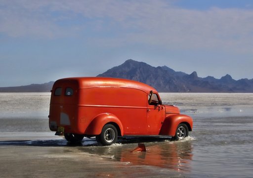 Bonneville Salt Flats In Utah With The Car