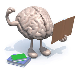 human brain with arms, legs and many books on hand