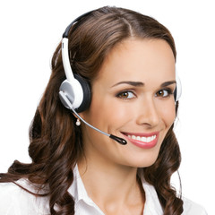 Support phone operator in headset, isolated