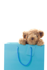 Teddy bear in blue paper bag isolated on white background