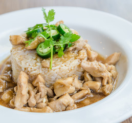 Chicken with brown sauce on rice