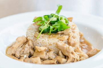 Chicken with brown sauce on rice