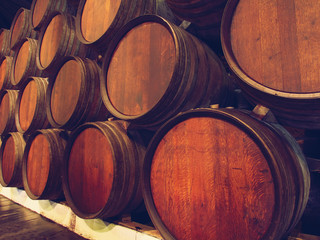 Row of wooden barrels of portwine, Porto, Portugal