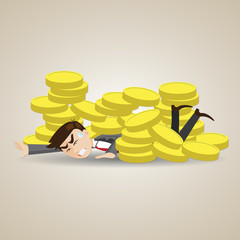 cartoon businessman under stack of gold coin