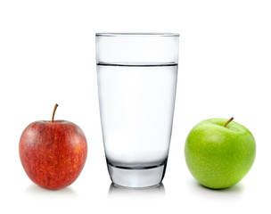 Glass of water and apple isolated on white background