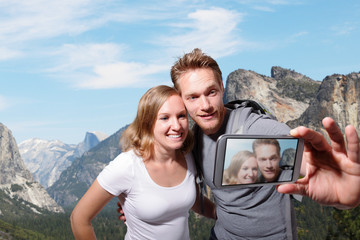 happy couple selfie in yosemite