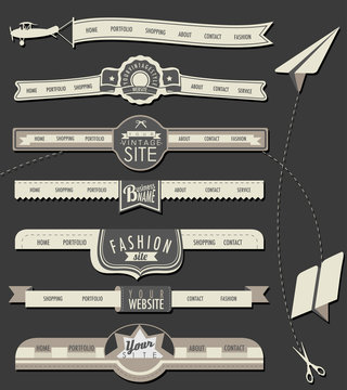Website headers and navigation elements in vintage style.