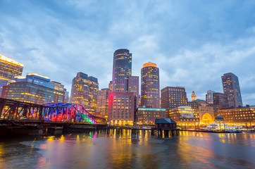Fototapeta na wymiar Boston Harbor and Financial District at twilight in Boston