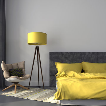 Gray bedroom and yellow decor