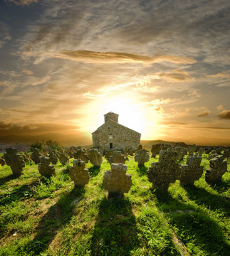 Church Cemetery At The Sunset, Serbia