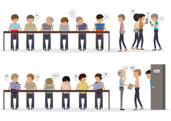 Group Of People At Reading Room - Vector Illustration