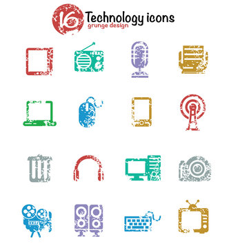 Technology icon set,colorful version,grunge vector