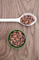 almond healthy food nut in plate and wooden spoon