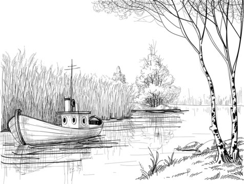 Nature sketch, boat on river or delta