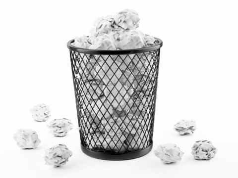 Basket Full of Waste Paper Isolated on White Background