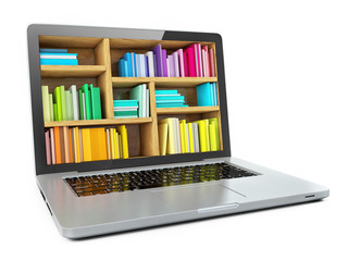Laptop Computer Bookcase with Multicolor e-books isolated
