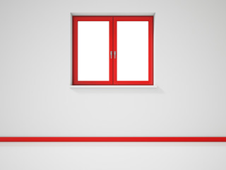 Empty Red Window on White Wall, Red Plinth