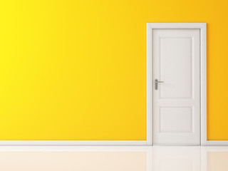 Closed White Door on Yellow Wall, Reflective Floor - obrazy, fototapety, plakaty