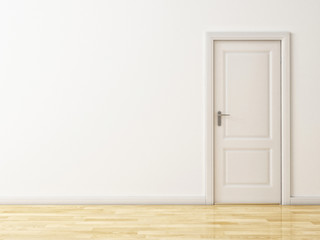 Closed White Door on White Wall, Wooden Reflective Floor