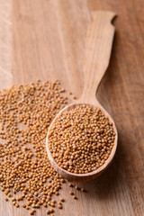 Spice mustard in spoon on wooden background
