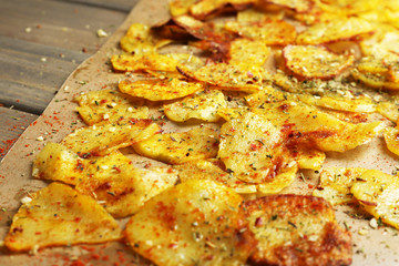 Homemade potato chips close up