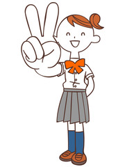 ビクトリーサインを示す学生 （夏服）