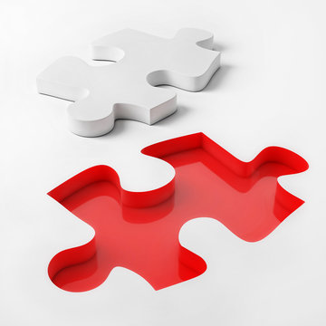3d Puzzle on White Background, Red and White Puzzl