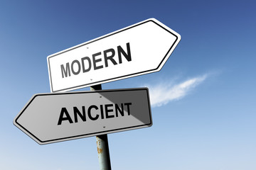 Modern and Ancient directions. Opposite traffic sign.