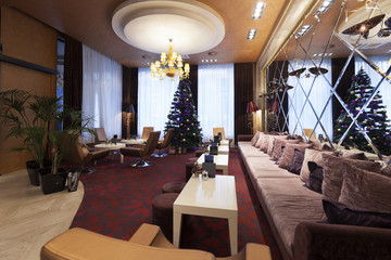 Interior of a hotel lobby with cafe 