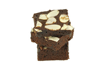 Stack of chocolate cake with almond topping isolated