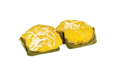 Steamed toddy palm cake in banana leaf isolated