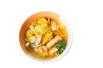 Wonton noodles soup in bowl of isolated.