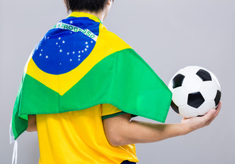 Backview of sportman wear with Brazil flag and hold football