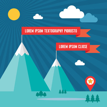 Snow Mountains with Red Flags in Flat Design Style