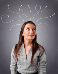 Young girl thinking with arrows overhead