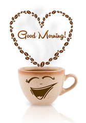Coffee mug with coffee beans shaped heart with good morning sign