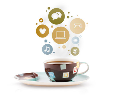 Coffee cup with social and media icons in colorful bubbles
