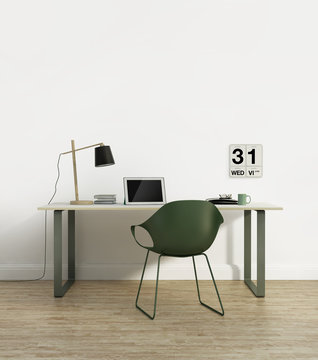 Elegant scandinavian home office interior with green chair