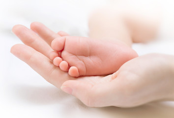 Tiny newborn baby's foot on female hands closeup