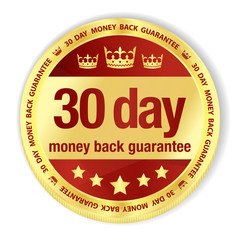Golden badge with red fill and 30 day money back guarantee title