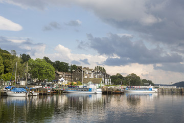 Fototapeta na wymiar Boats moored at Ambleside Pier, Waterhead, Lake Windermere