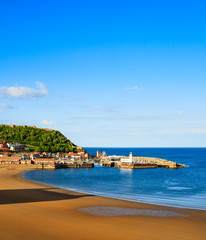 Scarborough beach, castle and harbour view