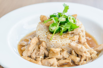 Chicken with brown sauce on rice