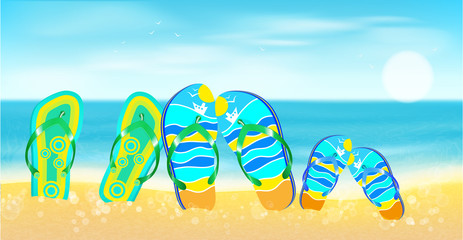 Naklejka premium Beach, sea,, sand and bright beach shoes.Summer background.