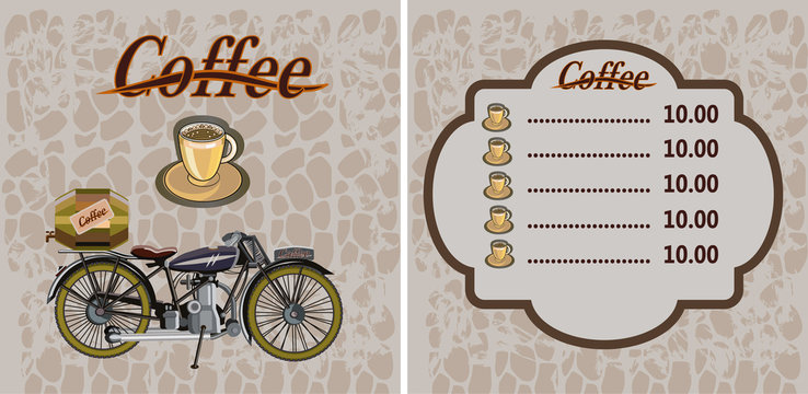 Retro banner with a cup of coffee and motorcycle