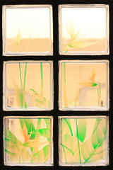 Transparent Glass Tiles with Colorful Flower Paint Background.